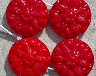 4 vintage glass daisy slider beads in opaque red cherry. Large 14 mm round flowers. Antique nailhead or flatback sew ons with 2 holes.