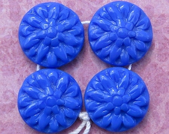 4 Antique glass sew on beads with dark royal blue dahlia flower design. Large 14 mm round sewons with 2 holes and daisy floral pattern.