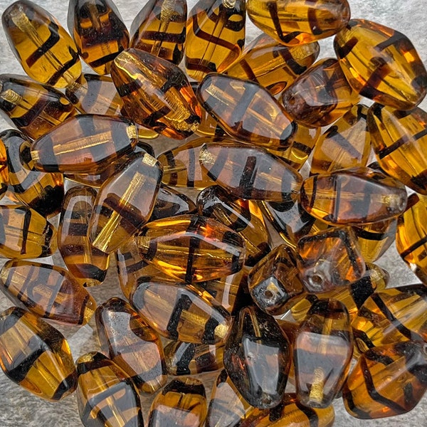 Vintage Czech tortoise glass beads in transparent brown with dark swirls. 6 pc lot of large 8 sided bicone beads for accents and necklines.