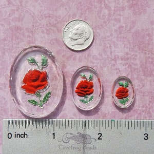 4 red rose glass intaglio stones with crystal clear base. 18x25 mm cabochon w/reverse painted burgundy & red flower. 1960's German cabs. image 5