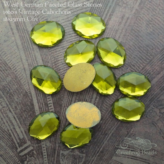 13x18 mm olive green FACETED glass cabochons. West German vintage glass stones in chartreuse olivine green. Choose 2 or 4 pc