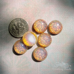 Vintage Harlekin Glascabochons in 13mm rund. Faux Feueropal Cabochons aus Japan. Unfolierte flache Rückseitensteine mit Lichtspiel. 2 oder 4tlg Bild 3