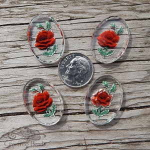 4 red rose glass intaglio stones with crystal clear base. 18x25 mm cabochon w/reverse painted burgundy & red flower. 1960's German cabs. image 2