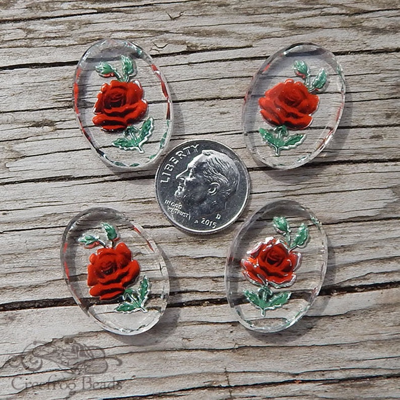 4 red rose glass intaglio stones with crystal clear base. 18x25 mm cabochon w/reverse painted burgundy & red flower. 1960's German cabs. image 2