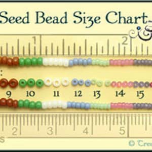 May include: A chart showing the sizes of seed beads in inches and centimeters. The chart shows beads ranging in size from 7 to 18. The beads are arranged in rows by size, with the smallest beads on the left and the largest beads on the right.