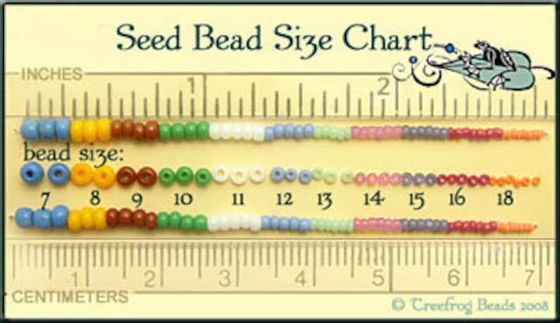 May include: A chart showing the sizes of seed beads in inches and centimeters. The chart shows beads ranging in size from 7 to 18. The beads are arranged in rows by size, with the smallest beads on the left and the largest beads on the right.