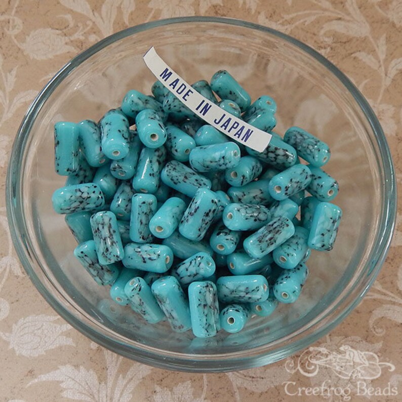 12 vintage Japanese porcelain tube beads in imitation turquoise. 14 mm cylinder beads in speckled robins egg blue for jewelry crafts. image 2