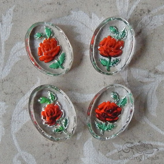 5 Pale Blue Vintage German Glass Cabochons Pink Rose Leaves 18 x 13 mm