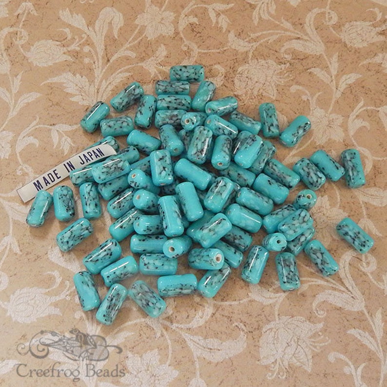 12 vintage Japanese porcelain tube beads in imitation turquoise. 14 mm cylinder beads in speckled robins egg blue for jewelry crafts. image 3