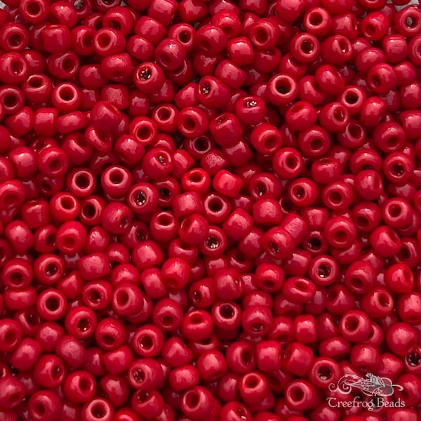 Vintage Venetian glass seed beads, size 9/0 opaque scarlet red. 10 grams of handmade antique Italian beads for jewelry craft & restoration.