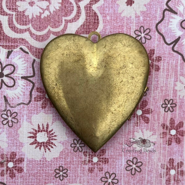 Large vintage brass heart locket for jewelry making. 42x39 mm Raw brass hinged heart pendant or charm with swedge hole.