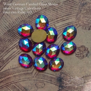 May include: A collection of faceted glass cabochons with a ruby AB finish. The vintage stones, measuring approximately 0.4 x 0.5 inches, display a vibrant array of colors. The text on the image reads "West German Faceted Glass Stones 1960's Vintage Cabochons 10x12 mm Ruby AB."
