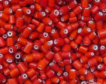 10 grams of antique Italian white heart tube beads in rich red orange. 4x5 mm handmade vintage Venetian glass Cornaline D'Allepo beads.