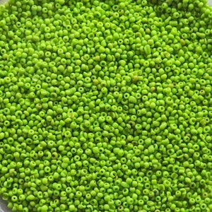Tiny vintage micro seed beads in opaque lime green. 5 grams of very small size 15/0 or 16/0 antique Italian glass beads.
