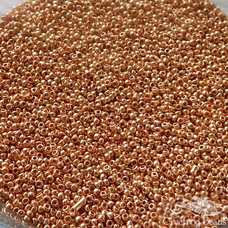 Size 14/0 or 15/0 glass seed beads. Late 1800's vintage microbeads in metallic golden bronze. Tiny beads for doll makers & purse repair. image 1