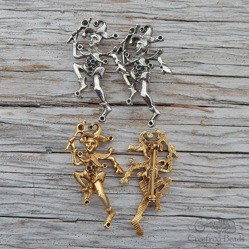 2 Brassy gold toned metal brooch pin components with harlequin motif. Vintage jewelry findings with pin back and spaces to set rhinestones. image 9