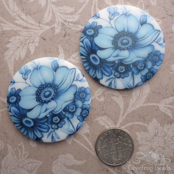 Glass floral cabochons with blue poppy on white background. Large 38mm round 1970's vintage West German decal cabs. Choose 1 pc or 2 pc