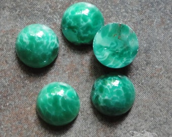 6 vintage Bohemian glass faux jade cabochons. 9mm round imitation stone West German glass cabochons in jade green.