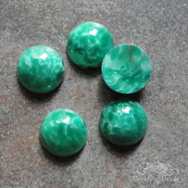 6 vintage Bohemian glass faux jade cabochons. 9mm round imitation stone West German glass cabochons in jade green.