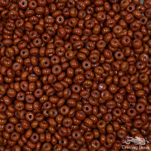 Vintage Czech glass seed beads, size 9/0 opaque red clay brown. 10 grams of antique beads for purse repair & historic beadwork restoration.