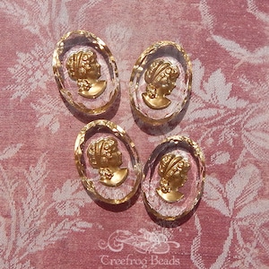 1960's vintage W German glass intaglio cameos in clear crystal and gold. 25x18 mm reverse painted lady cabochons. 2 or 4 pc