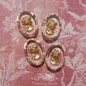 1960&#39;s vintage W German glass intaglio cameos in clear crystal and gold. 25x18 mm reverse painted lady cabochons. 2 or 4 pc