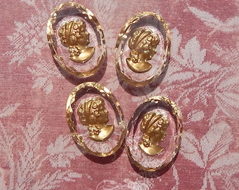 1960's vintage W German glass intaglio cameos in clear crystal and gold. 25x18 mm reverse painted lady cabochons. 2 or 4 pc