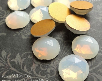 13 mm round FACETED glass stones in translucent white opal. Lot of 6 vintage West German rauten rose cut cabs with gold foiled flat backs.