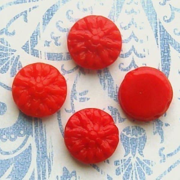 4 vintage glass daisy slider beads in opaque red cherry. Large 14 mm round flowers. Antique nailhead or flatback sew ons with 2 holes.