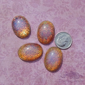 Vintage Japanese glass fire opal cabochons. 25x18 mm oval faux opal or harlequin glass cabs w/fire flash under milky translucence. 2 or 4 pc