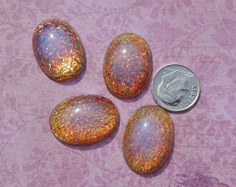 Vintage Japanese glass fire opal cabochons. 25x18 mm oval faux opal or harlequin glass cabs w/fire flash under milky translucence. 2 or 4 pc