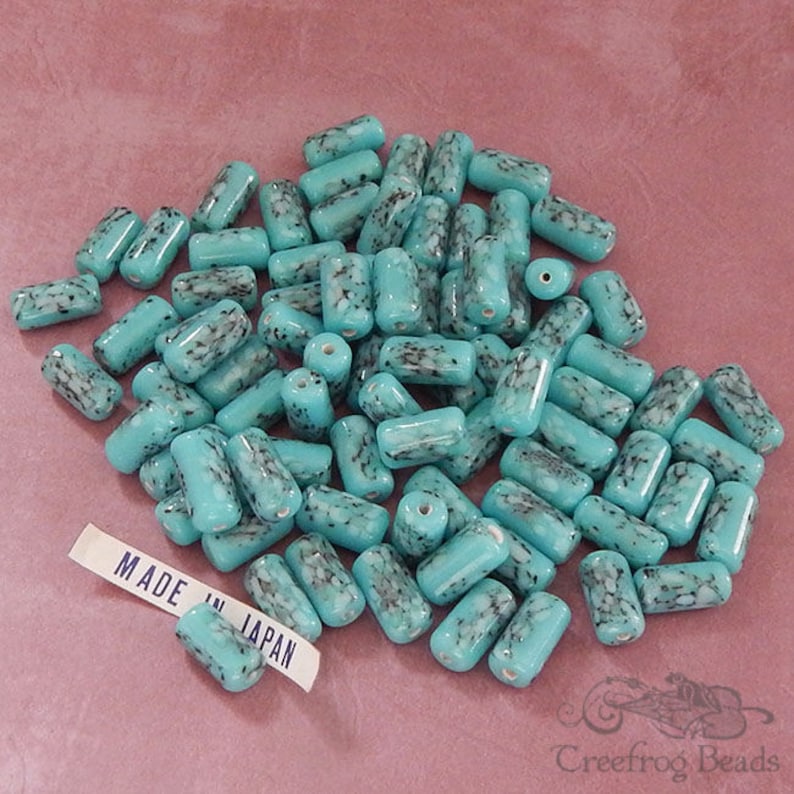 12 vintage Japanese porcelain tube beads in imitation turquoise. 14 mm cylinder beads in speckled robins egg blue for jewelry crafts. image 1