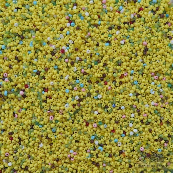 Mixed color lot of tiny size 15/0 to 18/0 antique micro seed beads. Multicolor vintage glass microbead soup for detailed beading & doll arts