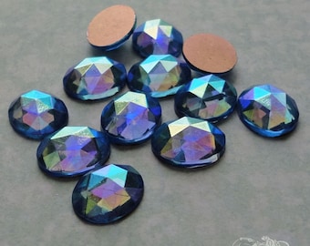 10x12 mm FACETED glass stones in sapphire blue AB. Lot of 6 sparkling vintage West German glass gems w/aurora borealis finish.