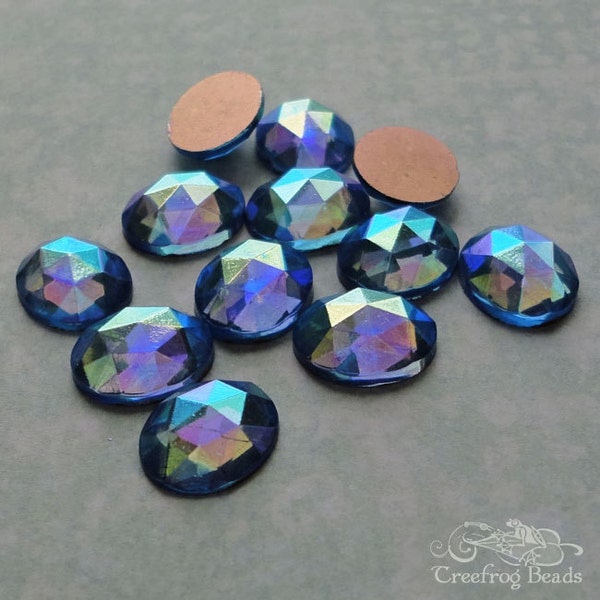 10x12 mm FACETED glass stones in sapphire blue AB. Lot of 6 sparkling vintage West German glass gems w/aurora borealis finish.