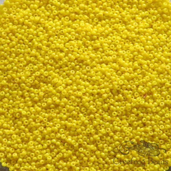 Size 18/0 antique micro beads in opaque yellow bumblebee. Vintage glass microbeads for detailed beadwork, doll making & purse repair.