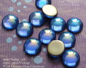 13 mm SMOOTH glass cabochons in sapphire AB. Lot of 6 vintage West German flatback stones in transparent blue with aurora borealis.