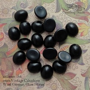 10x12 mm SMOOTH glass stones in jet black. Lot of 6 vintage West German flat backed glass cabochons for jewelry making & mixed media craft.