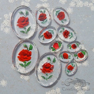 4 red rose glass intaglio stones with crystal clear base. 18x25 mm cabochon w/reverse painted burgundy & red flower. 1960's German cabs. image 4