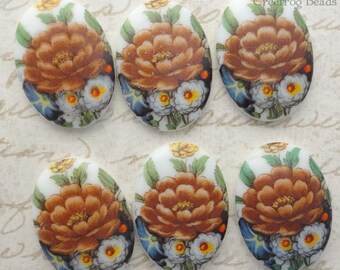 Vintage glass cabochons: 25x18 mm autumn flowers oval decal cabs