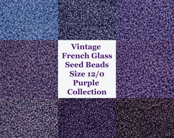 Collection of vintage size 12/0 French glass seed beads in 8 purple shades. 70 grams of colorfast collectible antique beads made in France.