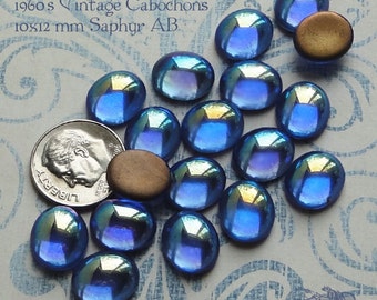 10x12 mm SMOOTH glass oval cabochons in saphyr AB. Lot of 6 vintage West German glass stones in sapphire blue with aurora borealis coating.