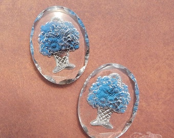 Large 30x40 mm glass cabochons with French blue flower basket. 1960's vintage W German intaglio cabs w/ reverse painted floral design. 2 pc