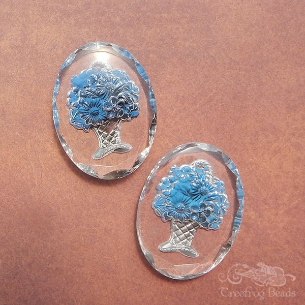 Large 30x40 mm glass cabochons with French blue flower basket. 1960's vintage W German intaglio cabs w/ reverse painted floral design. 2 pc