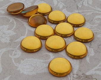 13 mm SMOOTH glass cabochons in transparent yellow topaz. Lot of 6 vintage West German flatback stones in honey gold.