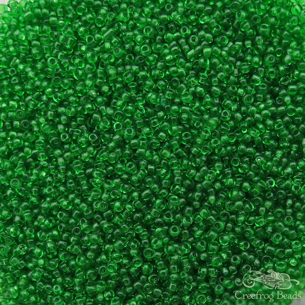 Size 14/0 vintage Venetian glass micro seed beads in transparent grasshopper green. Tiny rare antique microbeads for fine detail miniatures