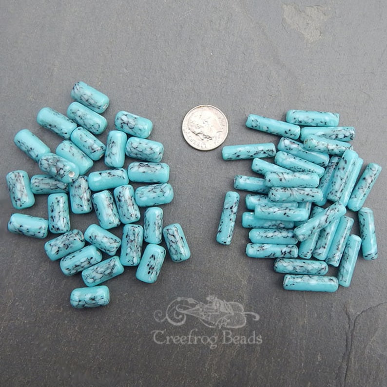 12 vintage Japanese porcelain tube beads in imitation turquoise. 14 mm cylinder beads in speckled robins egg blue for jewelry crafts. image 5