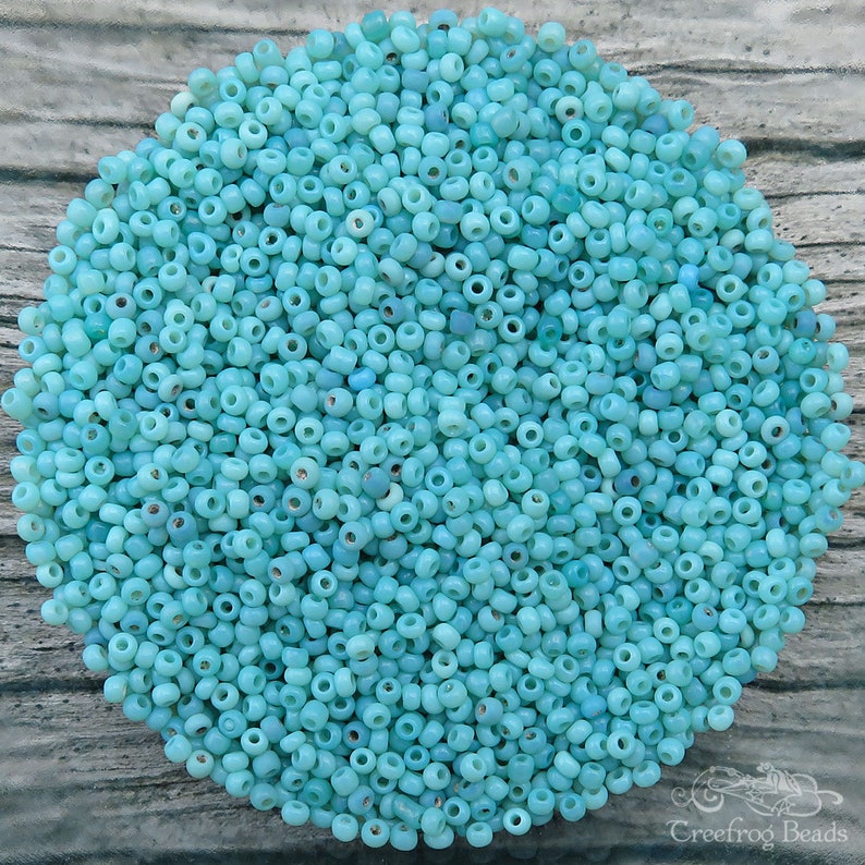 Size 11/0 antique Italian seed beads in opaque baby blue and turquoise mix. 10 grams of vintage Venetian glass beads in shades of pale blue. image 4