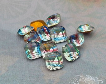 Vintage German iris rhinestones: 8x8 mm faceted square octagon shape, table polished stones w/ colorful stripes.