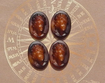 Vintage glass cameos with raised face in buffalo horn brown and beige. 18x13 mm high relief W German cabochons in shades of brown. 2 or 4 pc